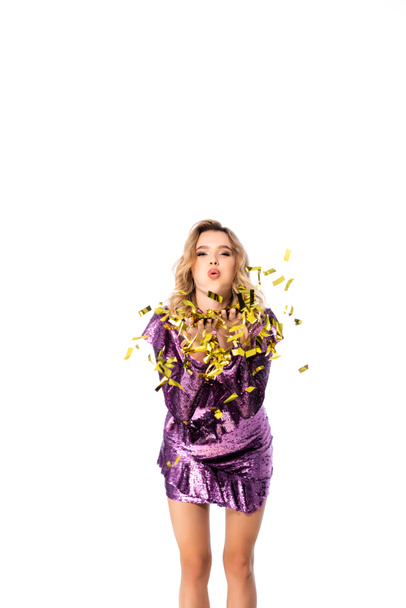 happy elegant woman in sequin dress blowing confetti isolated on white - 写真・画像