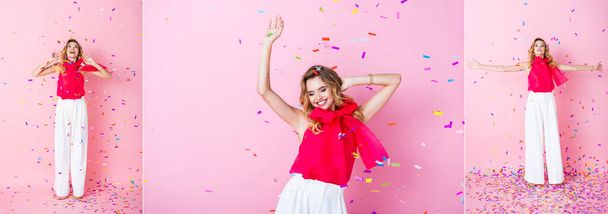 collage de mujer feliz elegante en corona bajo confeti sobre fondo rosa, bandera - Foto, Imagen