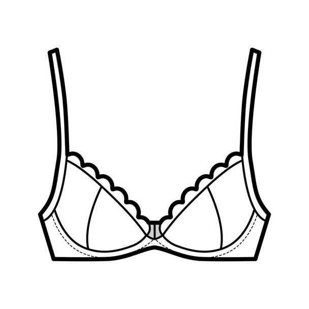 Bra scalloped cups lingerie technical fashion illustration with full adjustable shoulder straps, hook-and-eye closure - Vetor, Imagem