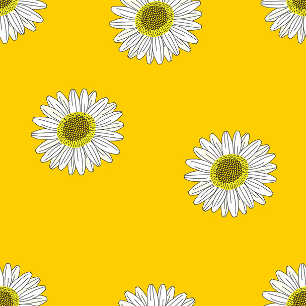 Kwiaty bez szwu wzór, kwiaty Daisy kwitną na żółtej tapecie. - Wektor, obraz