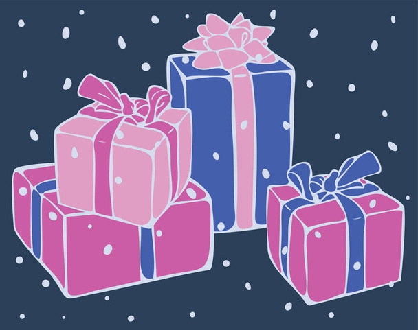 Illustrazione vettoriale disegno cartolina con pila di scatole regalo colorate su uno sfondo blu scuro. Cartolina con design gitfs per Capodanno o Natale. - Vettoriali, immagini