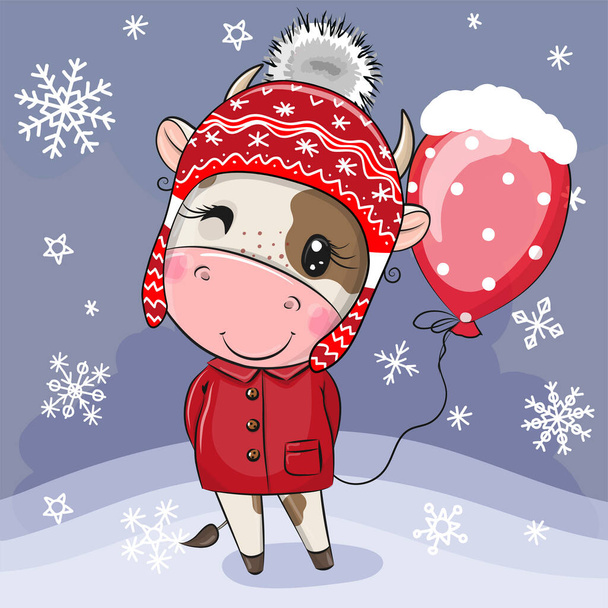 Cute Cartoon Bull in a red hat with balloon - Vettoriali, immagini