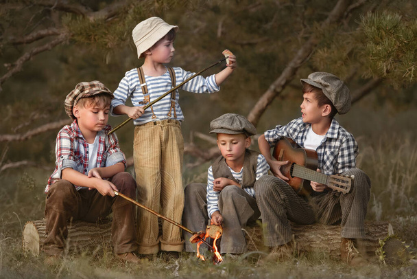 Boys fry sausages in the woods at the stake on a summer evening - Fotoğraf, Görsel