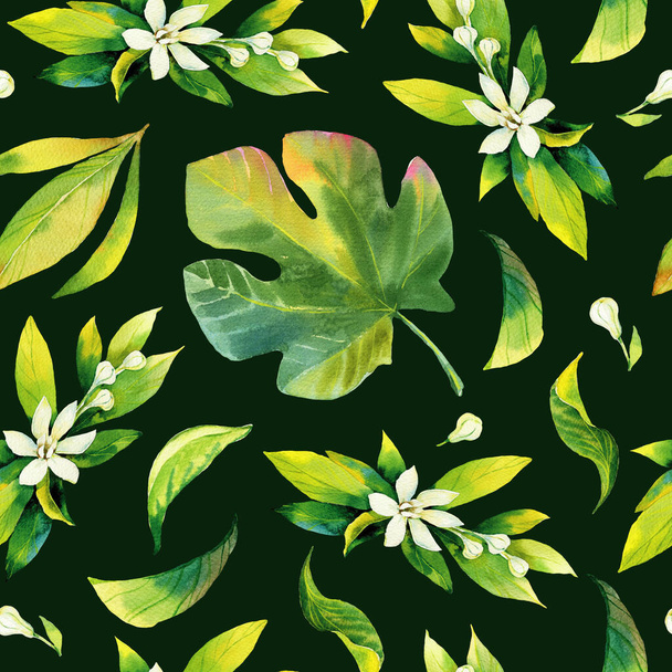 Seamless watercolour citrus and figs leaves pattern. Green leaves on dark background. Seamless greenery watercolour illustration for wrapping paper, fabric, textile, wallpaper. Hand painted pattern. - Zdjęcie, obraz