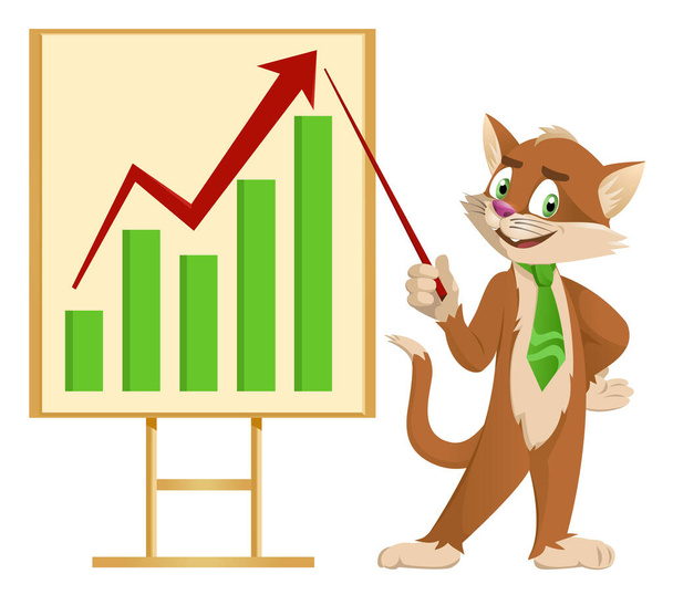 Growth chart. Funny cartoon cat in a tie making a presentation. Elements is grouped. No transparent objects. Isolated on white. - Vector, Image