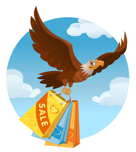 Der fliegende amerikanische Adler trägt die Einkaufstüten aus dem Verkauf. Vektorillustration im Cartoon-Stil. Elemente werden gruppiert. Keine transparenten Objekte. - Vektor, Bild