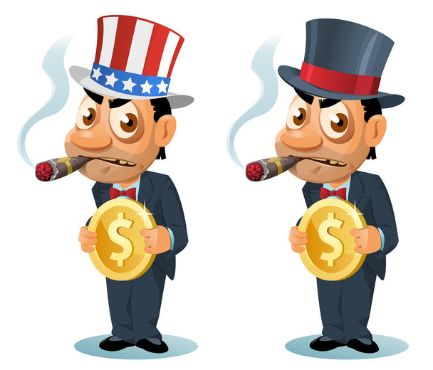 Забавный человек в цилиндре и в патриотической шляпе курит сигару и держит символ доллара. Карикатурная векторная иллюстрация. Элементы сгруппированы. Изолирован на белом. Нет прозрачных объектов. - Вектор,изображение
