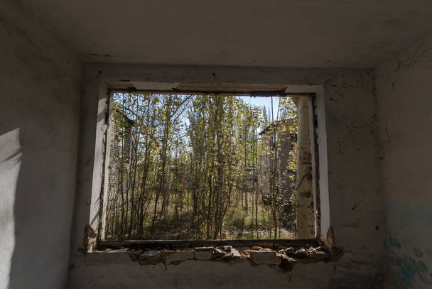 view from the window of an abandoned abandoned house in the village of Ukraine during the war - Fotoğraf, Görsel