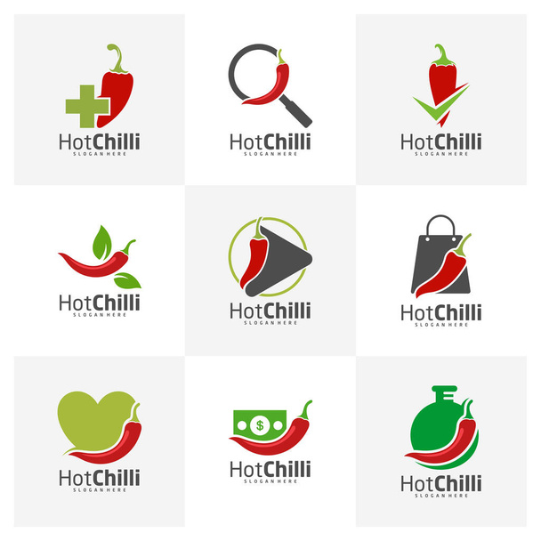 Set van Chili logo design vector template, Red Chili Illustration, Symbol Icon - Vector, afbeelding