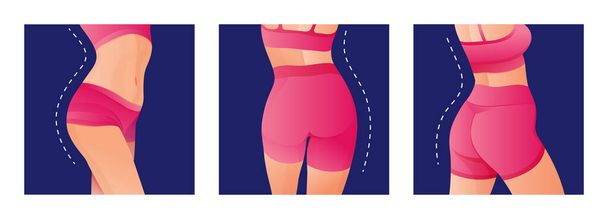 Set of Perfect slim toned young body of the girl. sporty woman in sportswear, shorts butt icon for mobile apps, slim body, vector illustration. - Vektör, Görsel