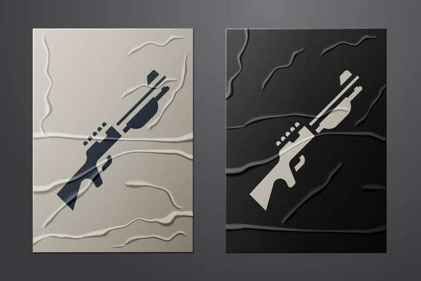 White Hunting gun icon isolated on crumpled paper background. Hunting shotgun. Paper art style. Vector. - Vector, Image