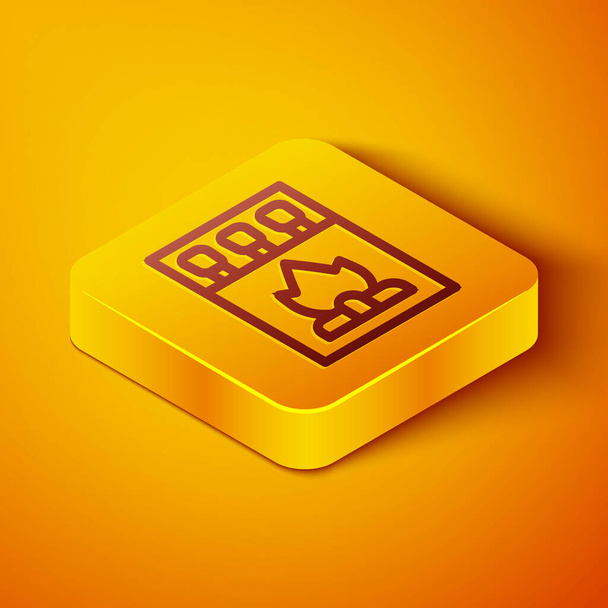 Linea isometrica Apri la scatola di fiammiferi e abbina l'icona isolata su sfondo arancione. Pulsante quadrato giallo. Vettore. - Vettoriali, immagini