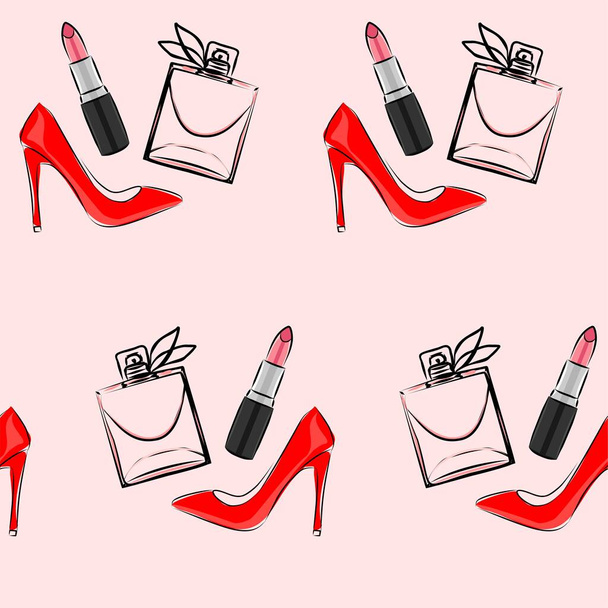 Fashionable vector illustration. An image of a transparent perfume bottle with lipstick and red high-heeled shoes inside. Glamorous sketch of womens fashion - Вектор,изображение