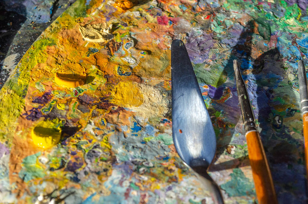 Bir ressamın palet üzerindeki fırça ve palet bıçağının güneş ışığıyla karışık ve karıştırılmamış yağlı renkleri. - Fotoğraf, Görsel