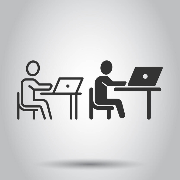 Menschen mit Laptop-Computer-Ikone im flachen Stil. PC-Benutzervektordarstellung auf weißem isolierten Hintergrund. Büroleiter Geschäftskonzept. - Vektor, Bild