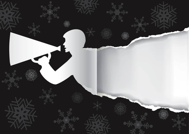 Etiqueta de regalo original de Navidad.El hombre anuncia o vende gritos en un megáfono en el fondo de Navidad de papel negro con lugar para su texto o imagen. Vector disponible. - Vector, imagen