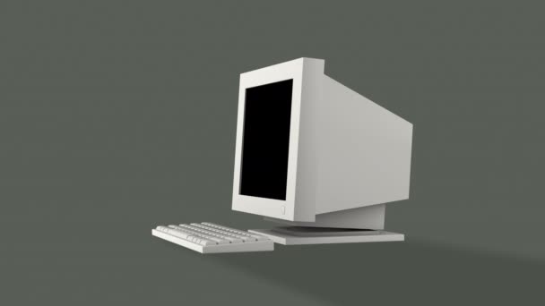 Bezár up 3D vintage számítógép oldalnézetben lövés árnyék, hiba és kár a rendszer előnézet a monitor képernyőjén kijelző, régi stílusú technológiai objektum, elszigetelt szürke háttér. - Felvétel, videó