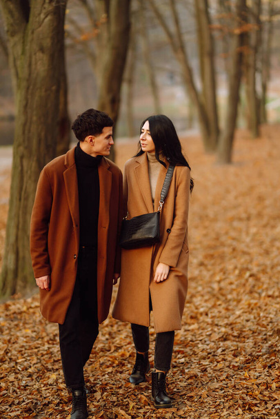 Young couple in love holding hands and walking through a forest on a  autumn day. Beautiful stylish couple enjoying autumn weather in the park. The concept of youth, love, freedom. - 写真・画像