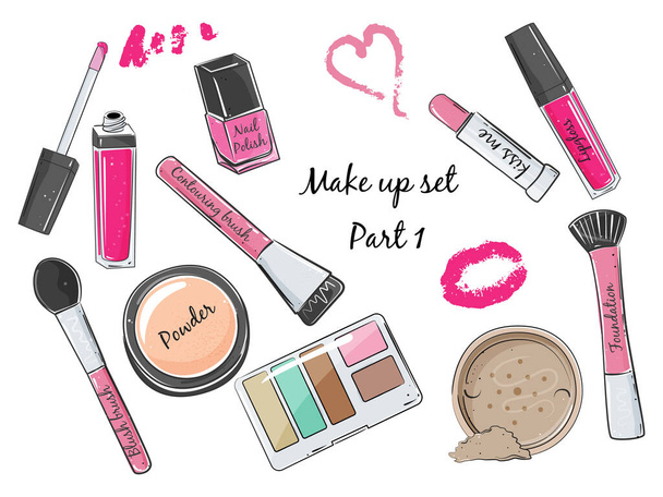 Set von Make-up-Kosmetikprodukten im handgezeichneten Stil. Vektorillustration. - Vektor, Bild
