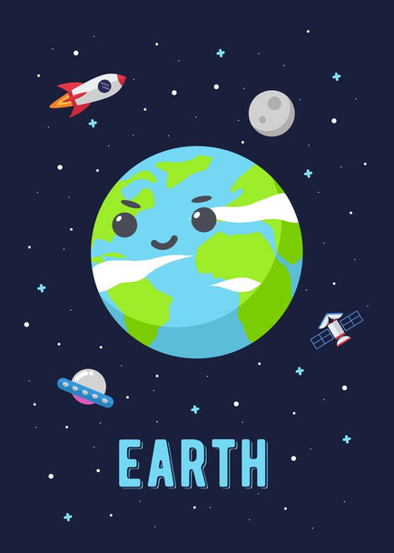 El Planeta Tierra Lindo Diseño, Ilustración gráfico vectorial de los planetas de la tierra en lindo estilo de dibujos animados. Espacio niños. - Vector, imagen