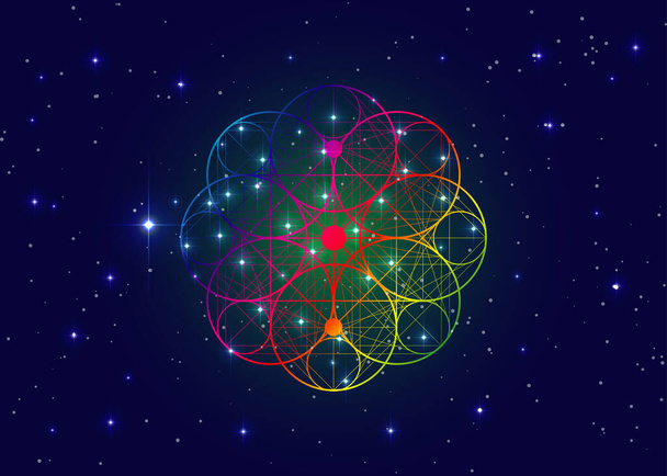 Elämän siemen symboli Sacred Geometry. Geometrinen mystinen Mandala alkemia esoteerinen kukka elämän. Pyhä kolminaisuus. Vektorispektrin väri jumalallinen meditatiivinen amuletti eristetty tähtitaivaan sininen tausta - Vektori, kuva