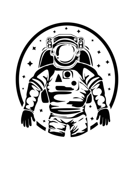 Astronautin avaruusmiehen siluetti avaruuspuvussa ulkoavaruudessa.Lentäminen avaruuteen raketilla. Astronautti katsoo ulos ikkunasta tähtien kohdalta.Musta ja valkoinen vektorin piirustuskuva. NASA. - Vektori, kuva