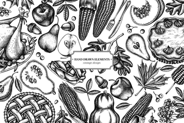 Design with black and white pumpkin, fork, knife, pears, turkey, pumpkin pie, apple pie, corn, apples, rowan, maple, oak - Vector, Imagen