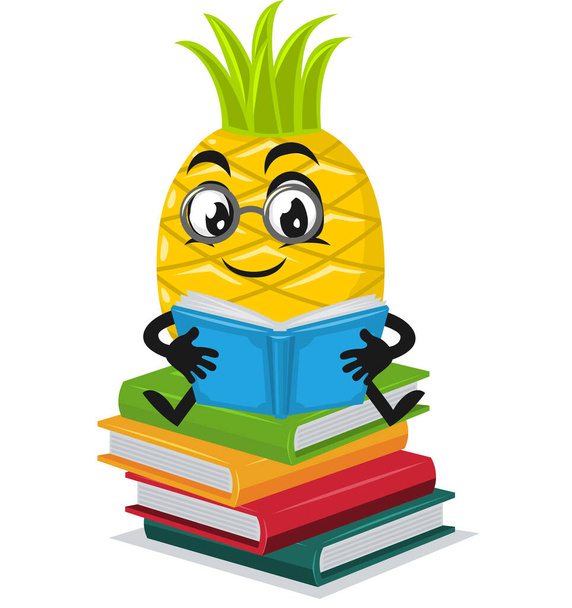 wektorowa ilustracja maskotki ananasowej lub książki do czytania postaci - Wektor, obraz