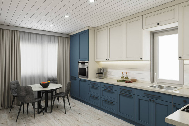 Remontti keittiö valkoinen ja sininen väri. 3d-renderointi - Valokuva, kuva