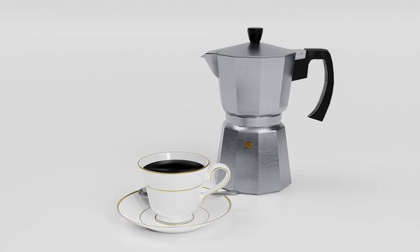 金の縁を持つホワイトパールセラミックマグカップのブラックコーヒー。白い床と背景にモカポットコーヒーポット。3Dレンダリング - 写真・画像