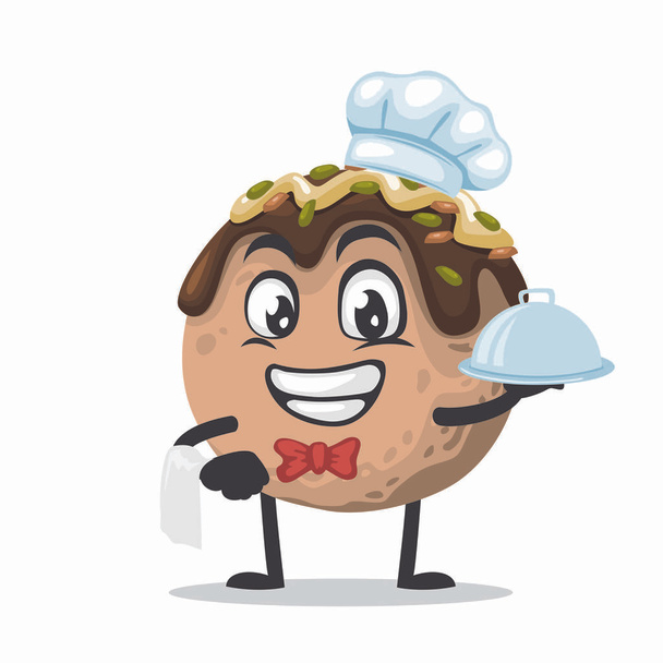 vektorová ilustrace takoyaki maskota nebo postavy v klobouku šéfkuchaře a servírovat jídlo - Vektor, obrázek