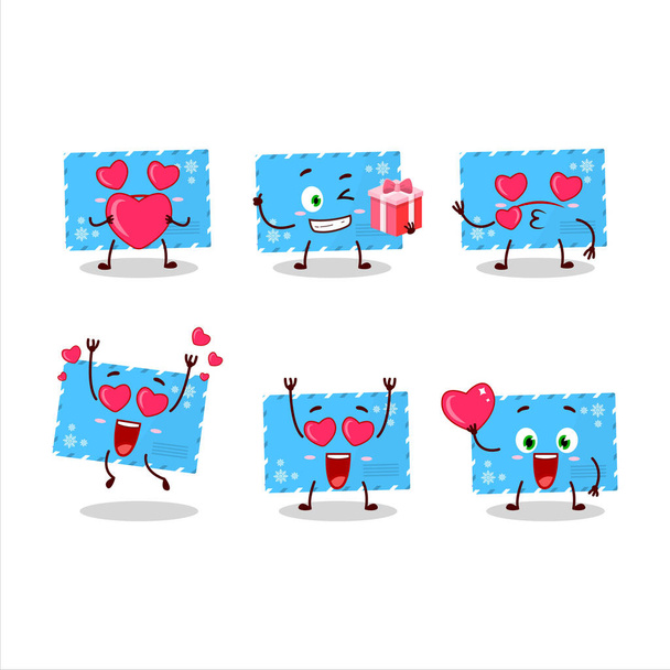 Blue christmas envelopes cartoon character with love cute emoticon - Вектор,изображение