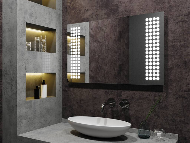 Modern fürdőszoba belső, elegáns megvilágított tükör és mosogató. 3D-s renderelés - Fotó, kép