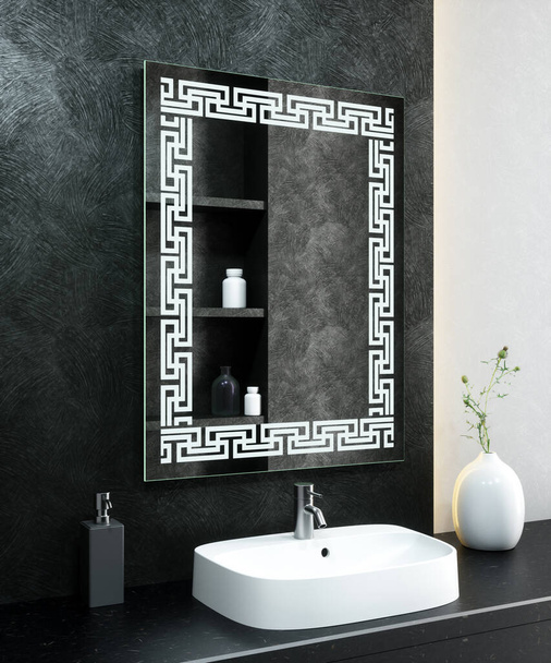Современный интерьер ванной комнаты со стильным освещённым зеркалом и раковиной. 3d-рендеринг - Фото, изображение
