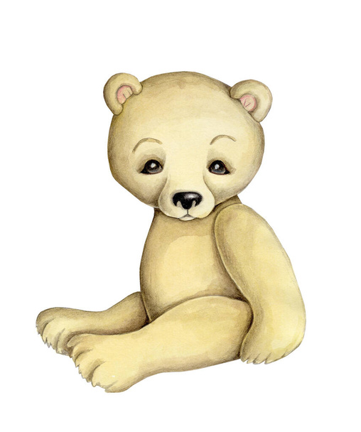 Cute cartoon yellow teddy bear. Watercolor hand drawn sketch, illustration, icon for childtren. - Photo, Image