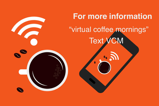 Virtuális kávé reggeli vektor jel, lehet használni egy poszter vagy a szociális média post szerkeszthető szöveg - Vektor, kép