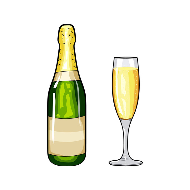 Champagne bottle and glass of champagne. Design element. Cartoon style. Hand drawing. Vector illustration. - Vetor, Imagem
