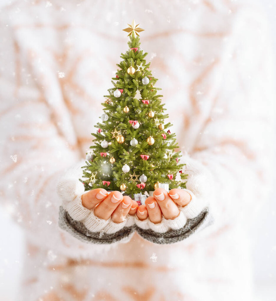 Cute woman holds decorated christmas tree in her hands. Merry Christmas and a Happy new year concept - Photo, Image