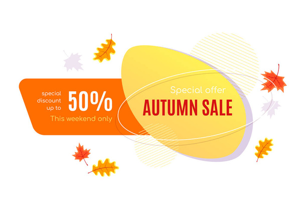 Autumn sale vector banner abstract background design with fall leaves, autumn typography and discount text. Vector illustration isolated on white background - Wektor, obraz
