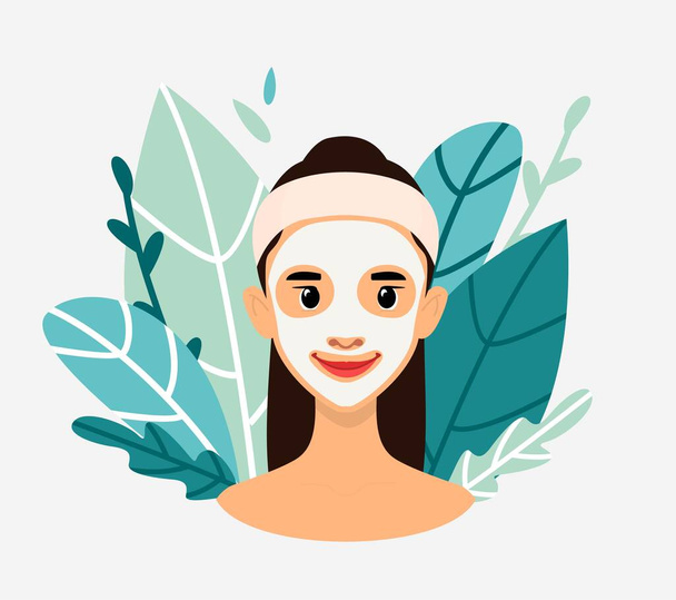 Femme avec masque facial cosmétique. Fond floral. Illustration vectorielle plate isolée sur fond blanc. - Vecteur, image