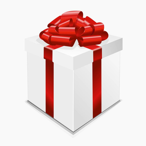 Geschenkkarton mit roter, flauschiger Schleife. weiß. Vektor - Vektor, Bild