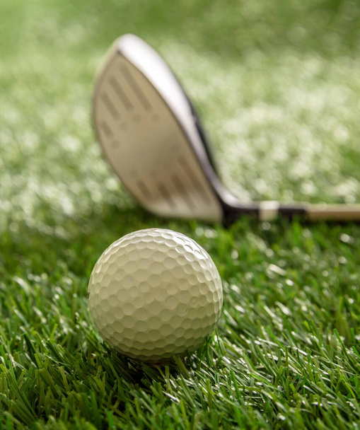 Équipement sportif de golf et concept de club. Balle de golf et bâton sur pelouse verte, reflets de soleil, vue rapprochée. - Photo, image