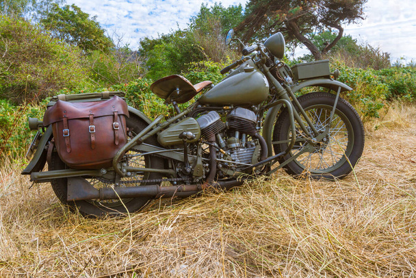 World War II Motorcycles.  1942. Vintage Harley Davidson Military Model 42WLC Motorcycle used by the Canadian National Defense Forces.  - Photo, Image