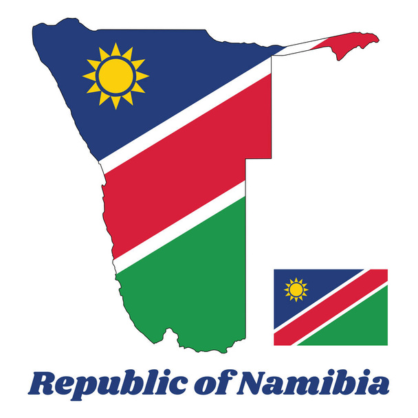 Mappa contorno e bandiera della Namibia, una banda diagonale rossa bordata di bianco che si irradia dall'angolo inferiore del paranco. Il triangolo superiore è blu, carico di un sole dorato e il triangolo inferiore è verde. con il testo del nome Repubblica di Namibia. - Vettoriali, immagini
