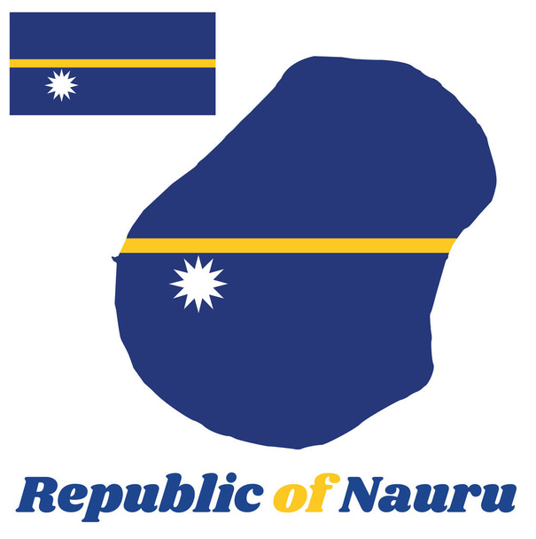 Map outline and flag of Nauru, A blue field with the thin yellow narrow horizontal stripe across in the center and the large white star. with name text Republic of Nauru. - Vector, Image