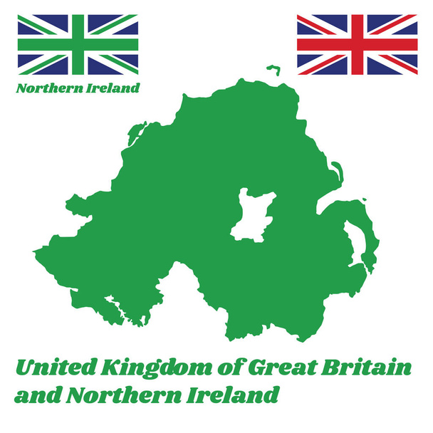 Vihreä kartta ääriviivat ja lippu Pohjois-Irlanti, unionin jack lippu ja vihreä unionin lippu, jonka nimi teksti Iso-Britannia ja Pohjois-Irlanti. - Vektori, kuva