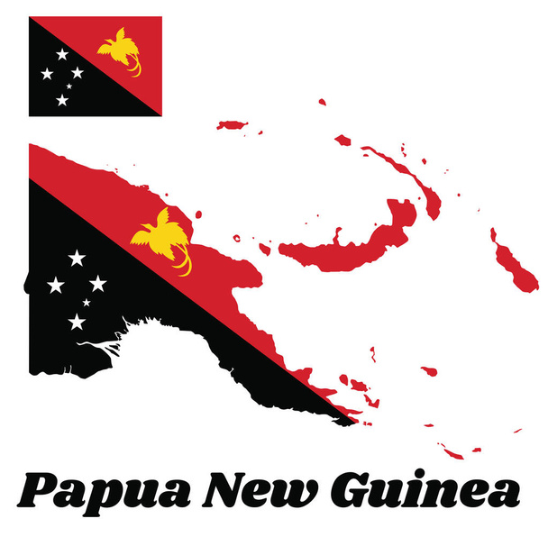 Carte et drapeau de Papouasie-Nouvelle-Guinée, triangle rouge avec l'oiseau de paradis Raggiana en plein essor et triangle inférieur noir avec la Croix du Sud de l'étoile blanche. avec le nom Papouasie-Nouvelle-Guinée. - Vecteur, image