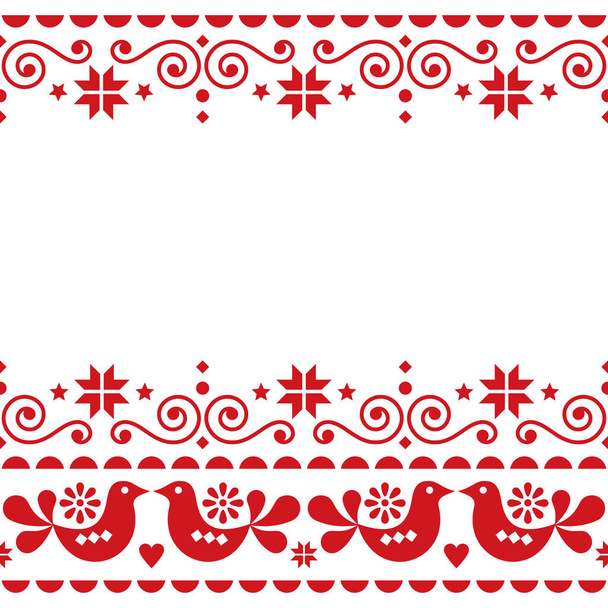 Christmas Scandinavian merry vector greeting card design - cute traditional embroidery folk art style pattern with Christmas trees, hearts and swirls. Xmas floral and abstract seamless ornament in red on white background, inspired retro by Scandi art - Vector, Image
