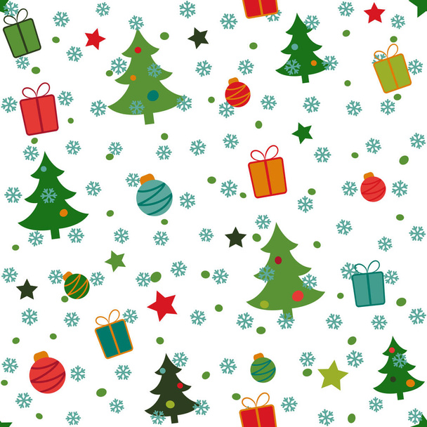 Seamless Christmas pattern with green trees, balls, gifts and snow. Vector endless illustration for web background. - Vecteur, image