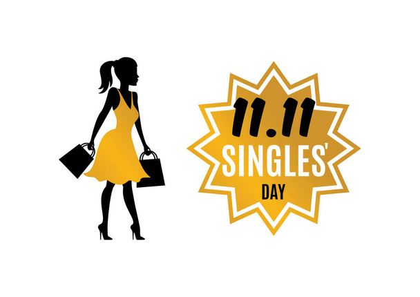 Ημέρα Singles "με σιλουέτα κορίτσι ψώνια διάνυσμα. Διανυσματικό σύνολο εικονιδίων Singles Day. Silhouette γυναίκα κρατώντας τσάντες ψώνια διάνυσμα. Ημερομηνία 11.11 εικονίδιο ημέρα ψώνια απομονώνονται σε λευκό φόντο - Διάνυσμα, εικόνα